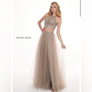 Rachel Allan Taupe Two-Piece Embellished Tulle Gown with Mint Accents